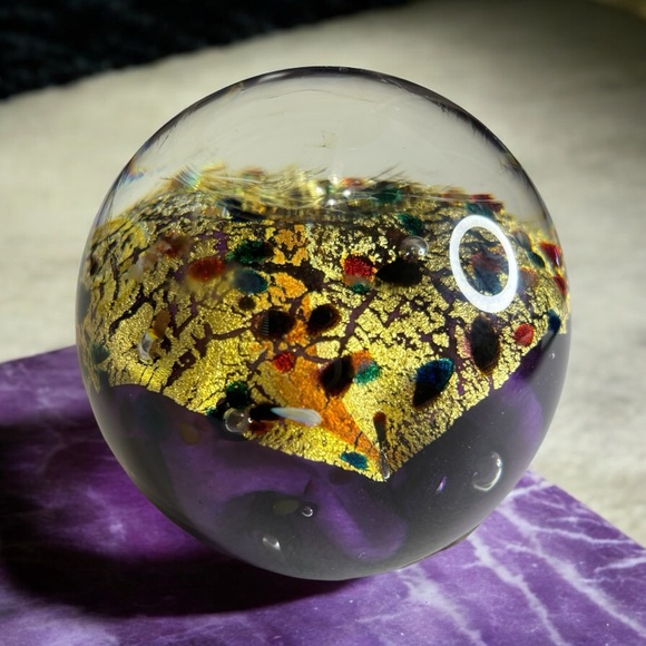 Vintage Robert Held Signed Art Blown Glass Paperweight Iridescent Gold Purple - Picture 1 of 11